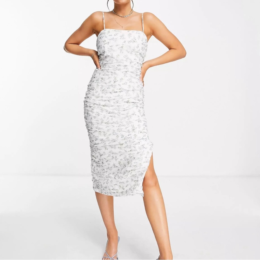 Bardot white floral ruched midi dress with slit US8/M EUR 40
